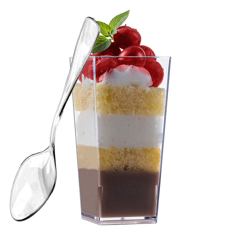 zappy 100 3oz Mini Dessert Cups & 100 Tasting Spoons Tall Square Clear Plastic Dessert Glasses Disposable Shot Glass Tumbler Shooter Cups Parfait Glasses Sample Appetizer Bowls Trifle Bowl 3 oz - Image 2